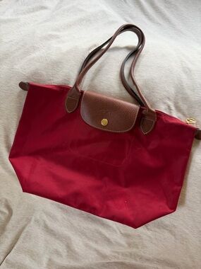 Longchamp Le Pliage Tote Bag - Red with Brown Trim